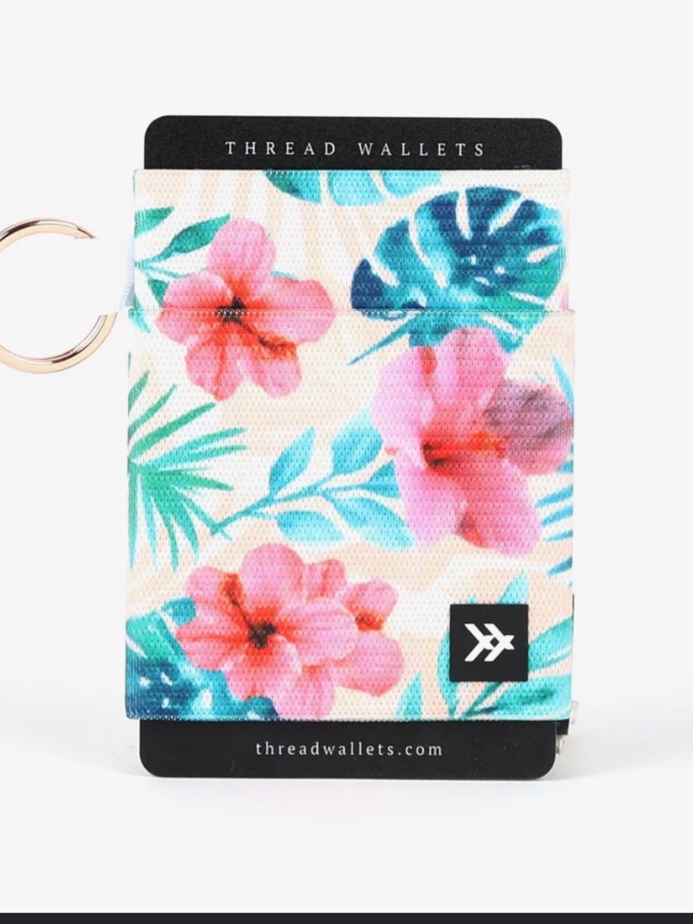 Thread Wallets Floral Card Wallet elastic  with Keyring - Pink & Teal
